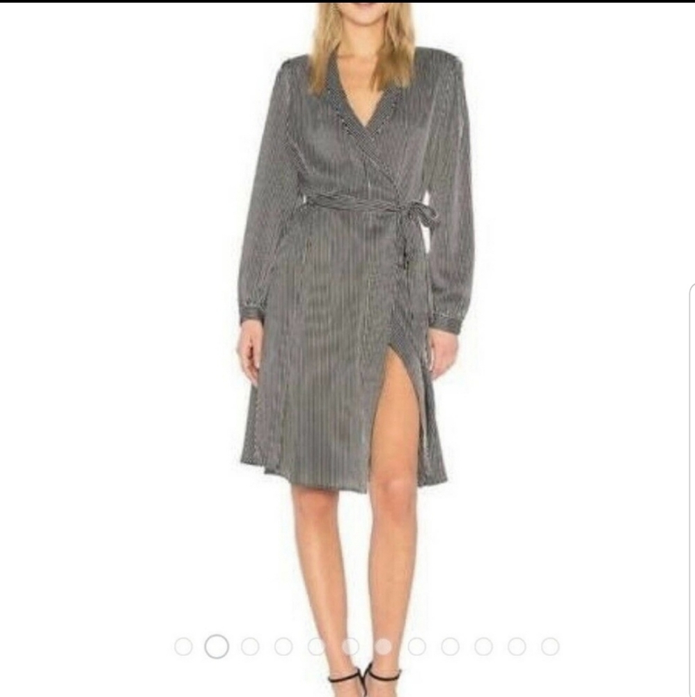 New Avec Les Filles Black Striped Wrap Dress Satin A-line Long Sleeve Sz Small - Picture 2 of 15